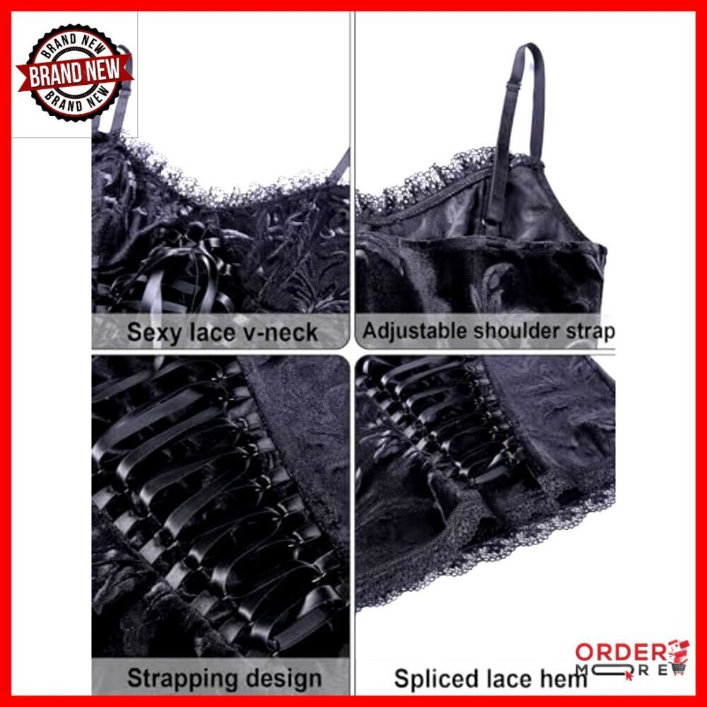 Gothic Y2K Spaghetti Strap Crop Top Lace Trim Adjustable Straps Back Zipper - Picture 4 of 5